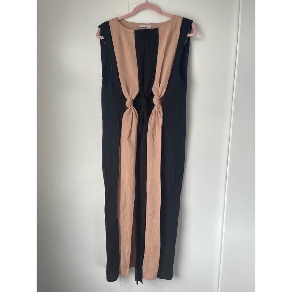 ZARA Sleeveless Black and Beige Striped Midi Dress with Front Rings size L - Picture 3 of 3